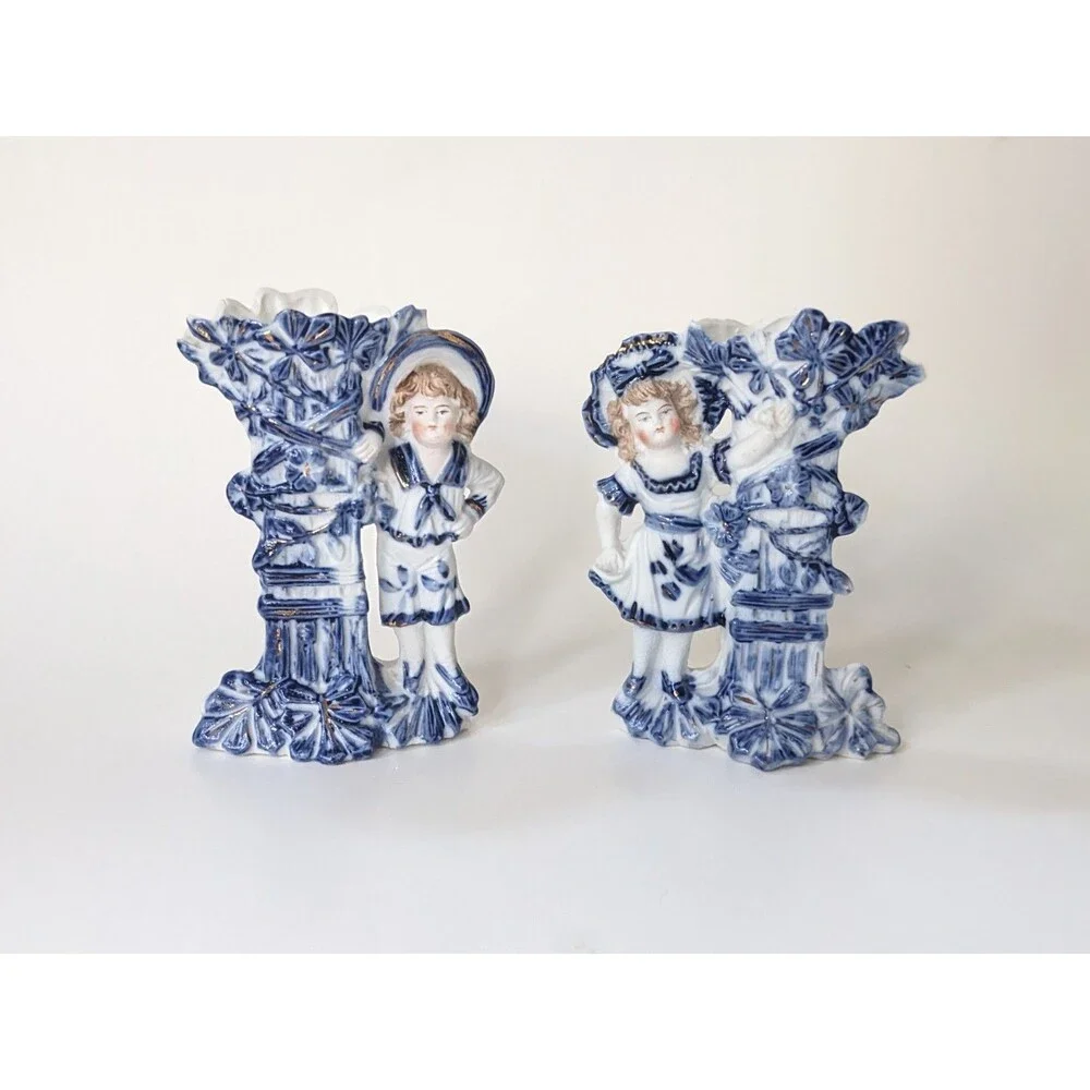 Antique German Mantel Vases Pair Boy Girl Blue White Porcelain Figurines‎ c1900